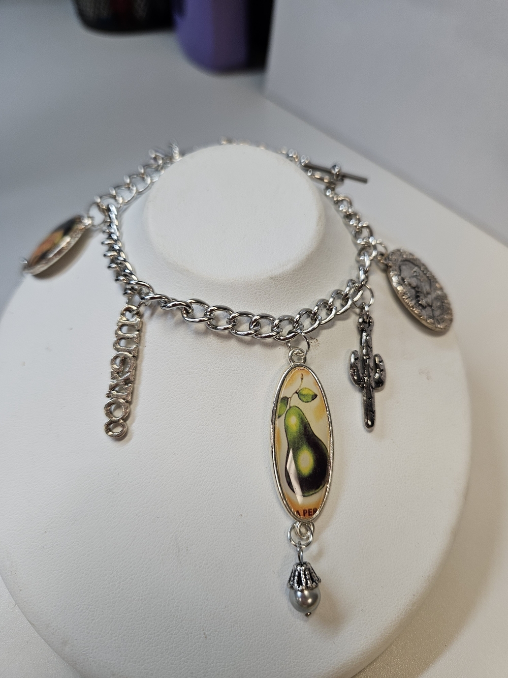 Mexico Themed Silver Charm Bracelet with Green Avocado Art Pendant
